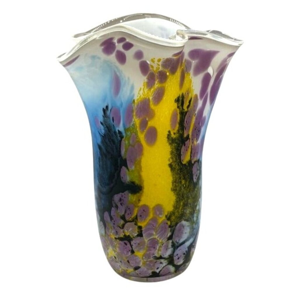 Hand-Blown Art Glass‎ Vase With Abstract Floral Design